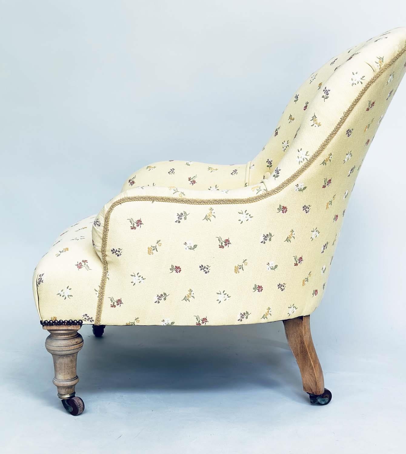 ARMCHAIR, 19th century primrose yellow and floral sprays with buttoned back and turned supports, - Image 4 of 9