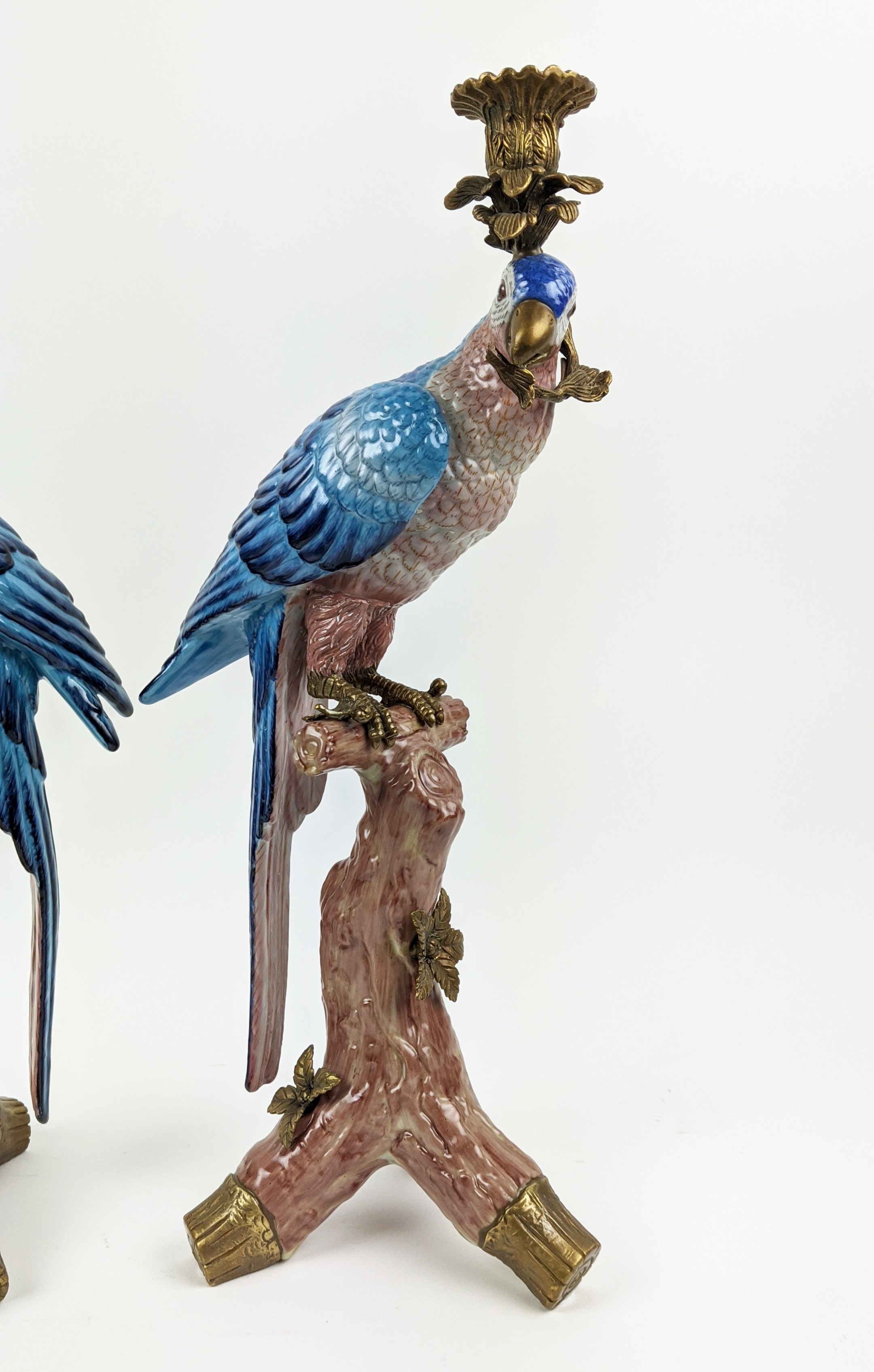 CANDLESTICKS, a pair, parrot design, ceramic and gilt metal, 51cm H. (2) - Image 2 of 6