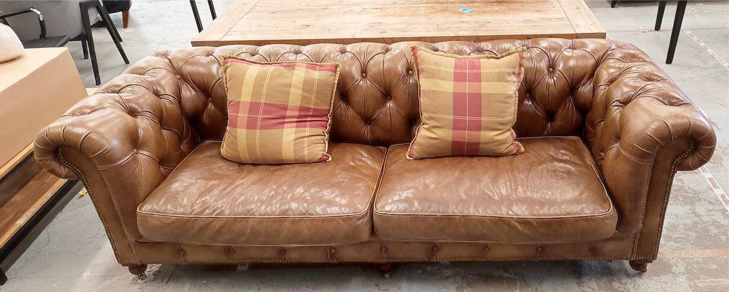 CHESTERFIELD SOFA, in buttoned brown leather, 95cm D x 80cm H x 255cm W, with two cushions. - Image 3 of 8