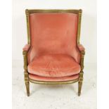 BERGERE A OREILLE, late 19th century French giltwood with peach velvet upholstery, 68cm x 100cm H.