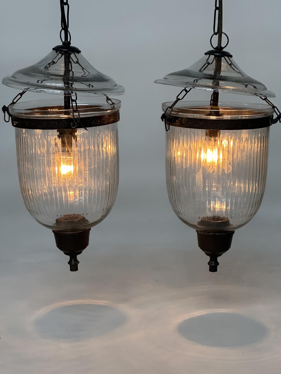 BELL JAR HALL LANTERNS, a pair, glass reeded tapering and bronze style mounted, 58cm H x 34cm. (2) - Image 2 of 2