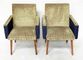 ARMCHAIRS, a pair, 1960s apple green and blue cut velvet with slender tapering supports, 61cm W. (2)