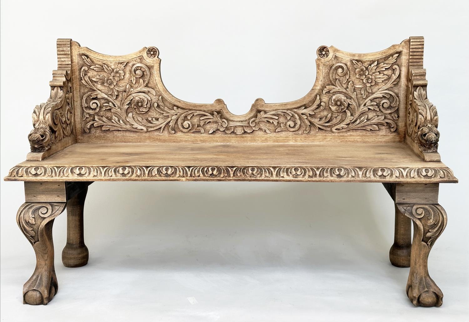 HALL SEAT, 19th century oak with carved back and arms and cabriole supports, 85cm H x 143cm W x 49cm - Image 7 of 9