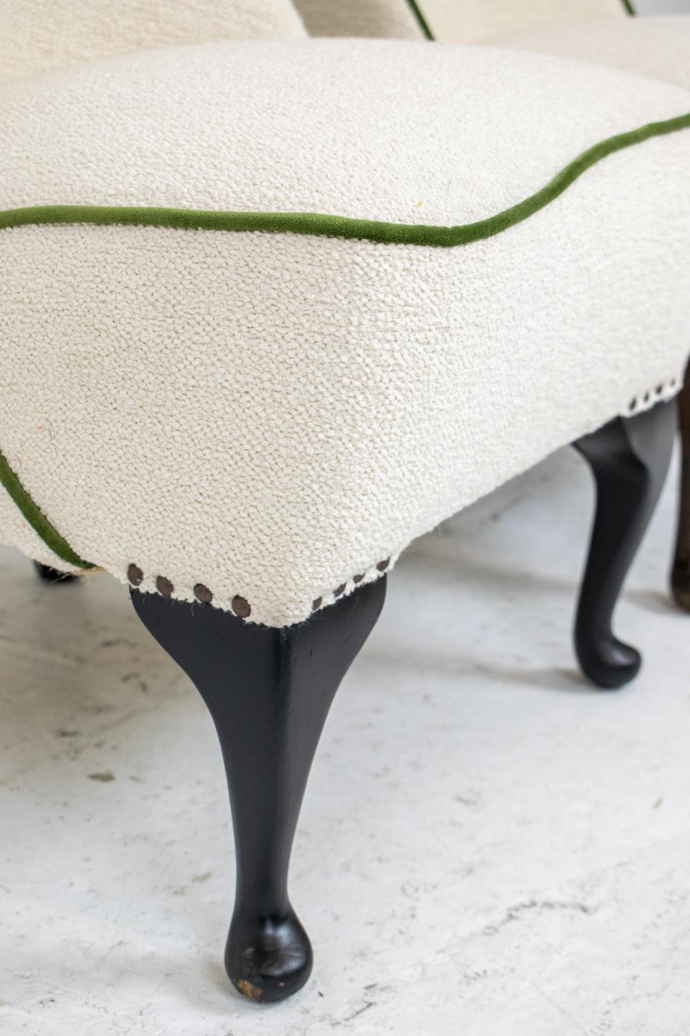 SLIPPER CHAIRS, a pair, boucle wool with green velvet piping, 89cm H x 53cm x 65cm. (2) - Image 3 of 4