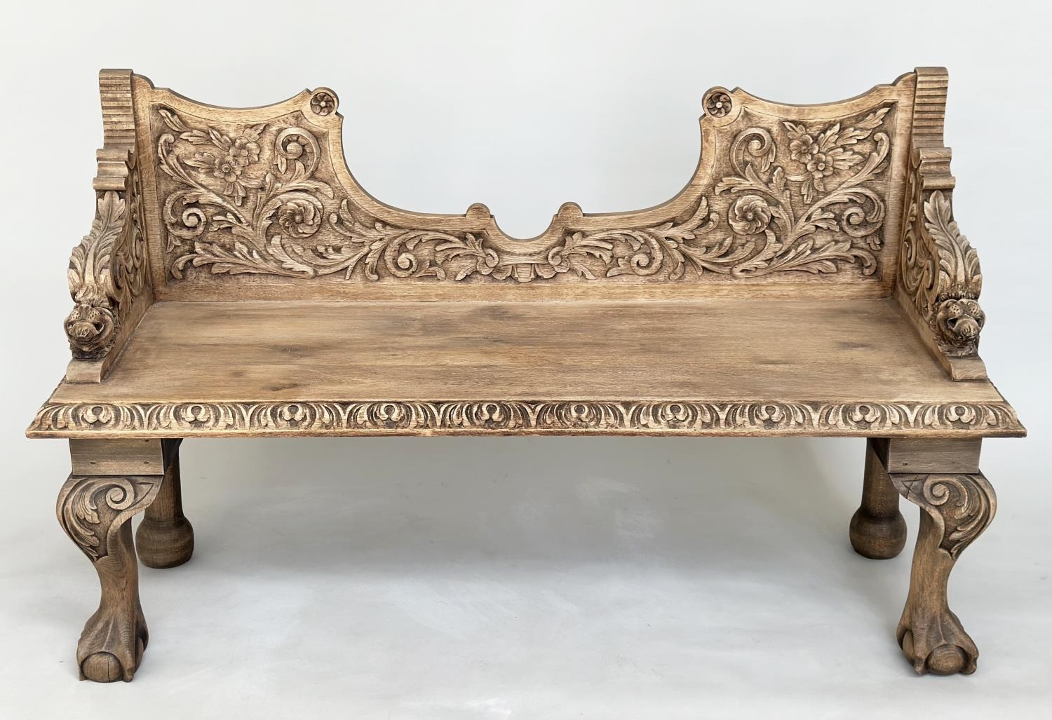 HALL SEAT, 19th century oak with carved back and arms and cabriole supports, 85cm H x 143cm W x 49cm - Image 2 of 9