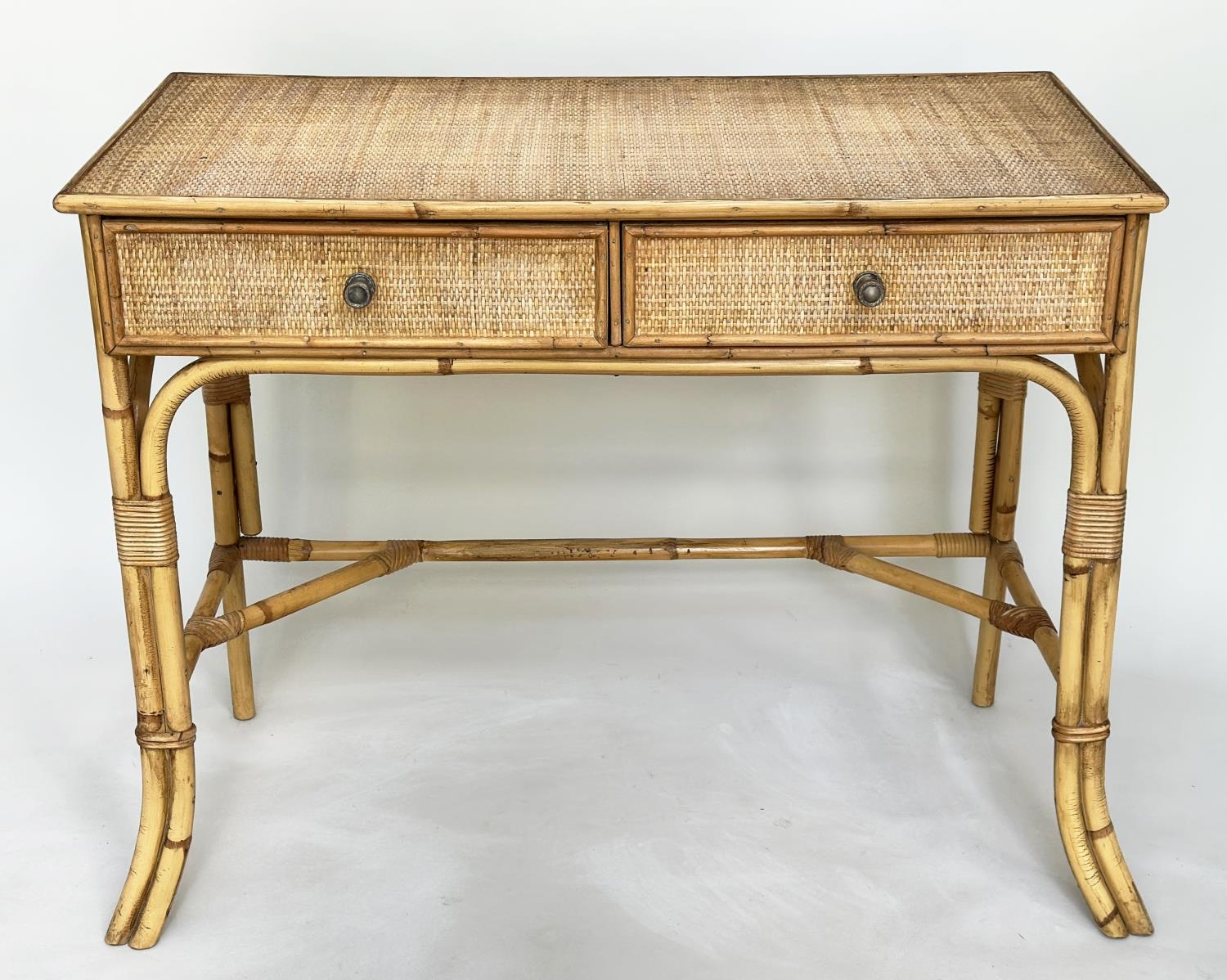 BAMBOO WRITING TABLE, vintage Colonial style rattan framed, wicker panelled and cane bound with