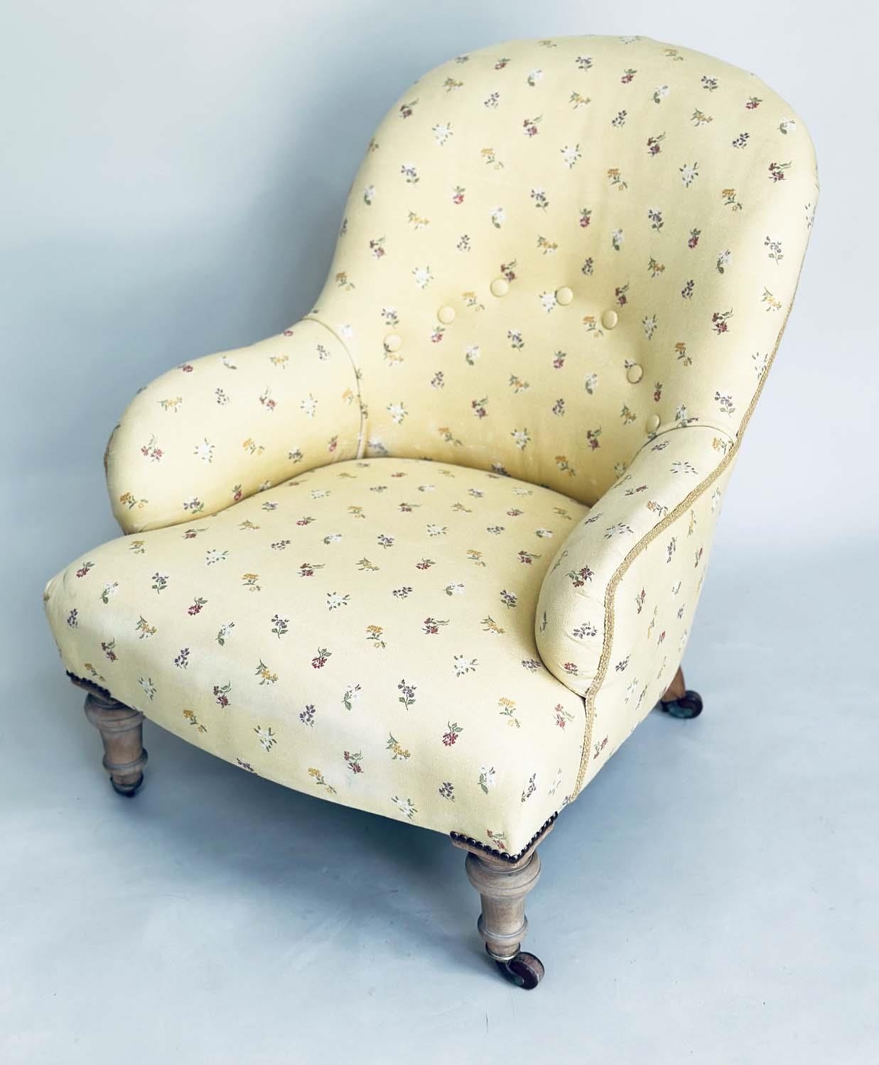 ARMCHAIR, 19th century primrose yellow and floral sprays with buttoned back and turned supports, - Image 3 of 9