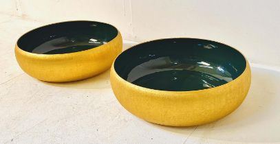 SERVING BOWLS, a pair, gilt metal with green enamel interiors, 36cm W x 11cm H (2)