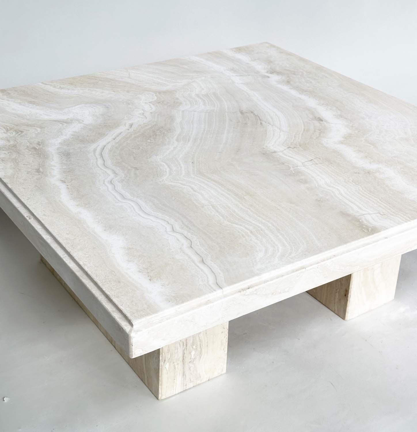 TRAVERTINE LOW TABLE, 1970's Italian travertine marble square with plinth support, 100cm x 100cm x - Image 6 of 9