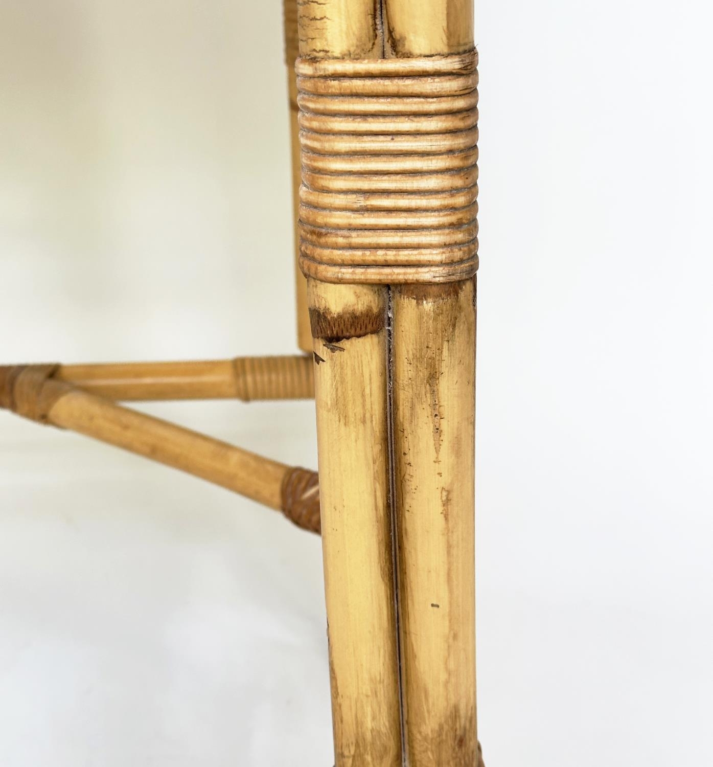 BAMBOO WRITING TABLE, vintage Colonial style rattan framed, wicker panelled and cane bound with - Image 4 of 10