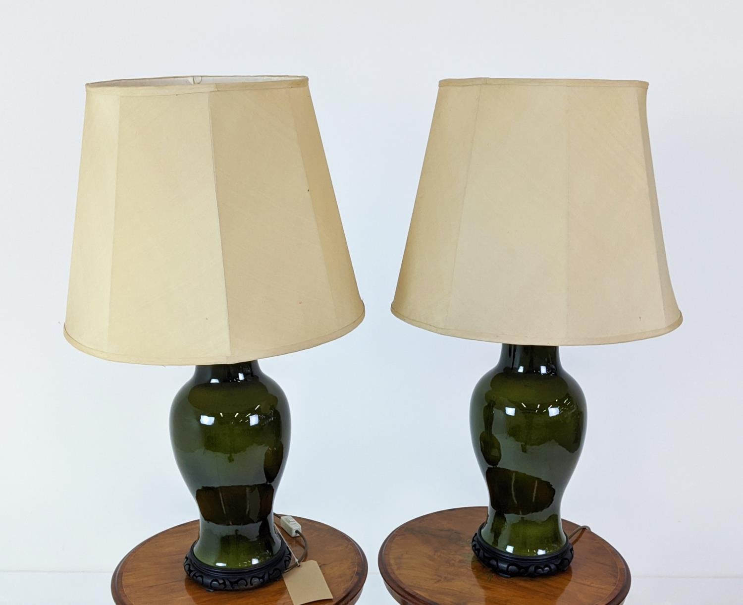 TABLE LAMPS, a pair, 84cm H, glazed ceramic, with shades. (2) - Image 2 of 10