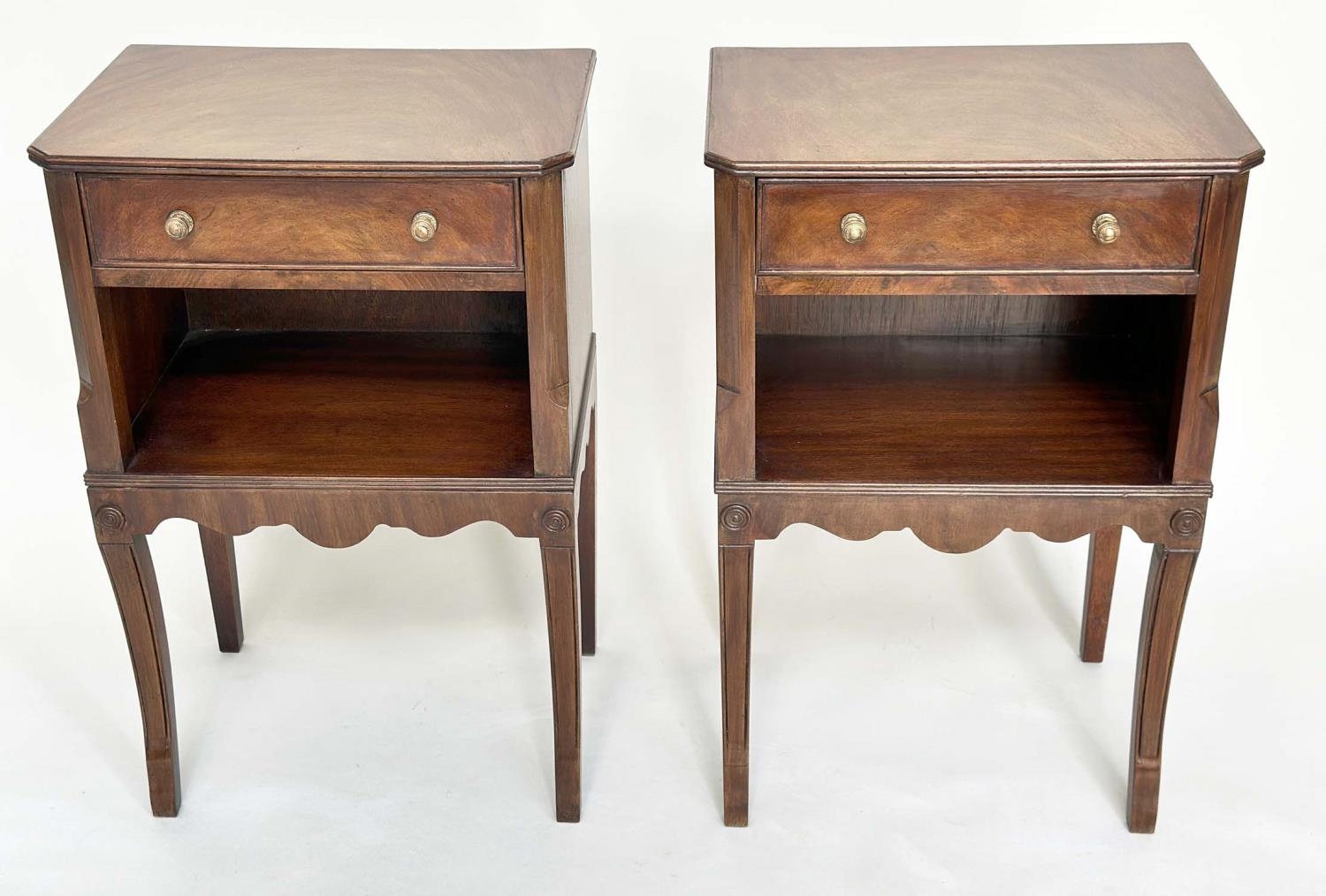 LAMP TABLES, a pair, George III design flame mahogany each with frieze drawer and sabre front