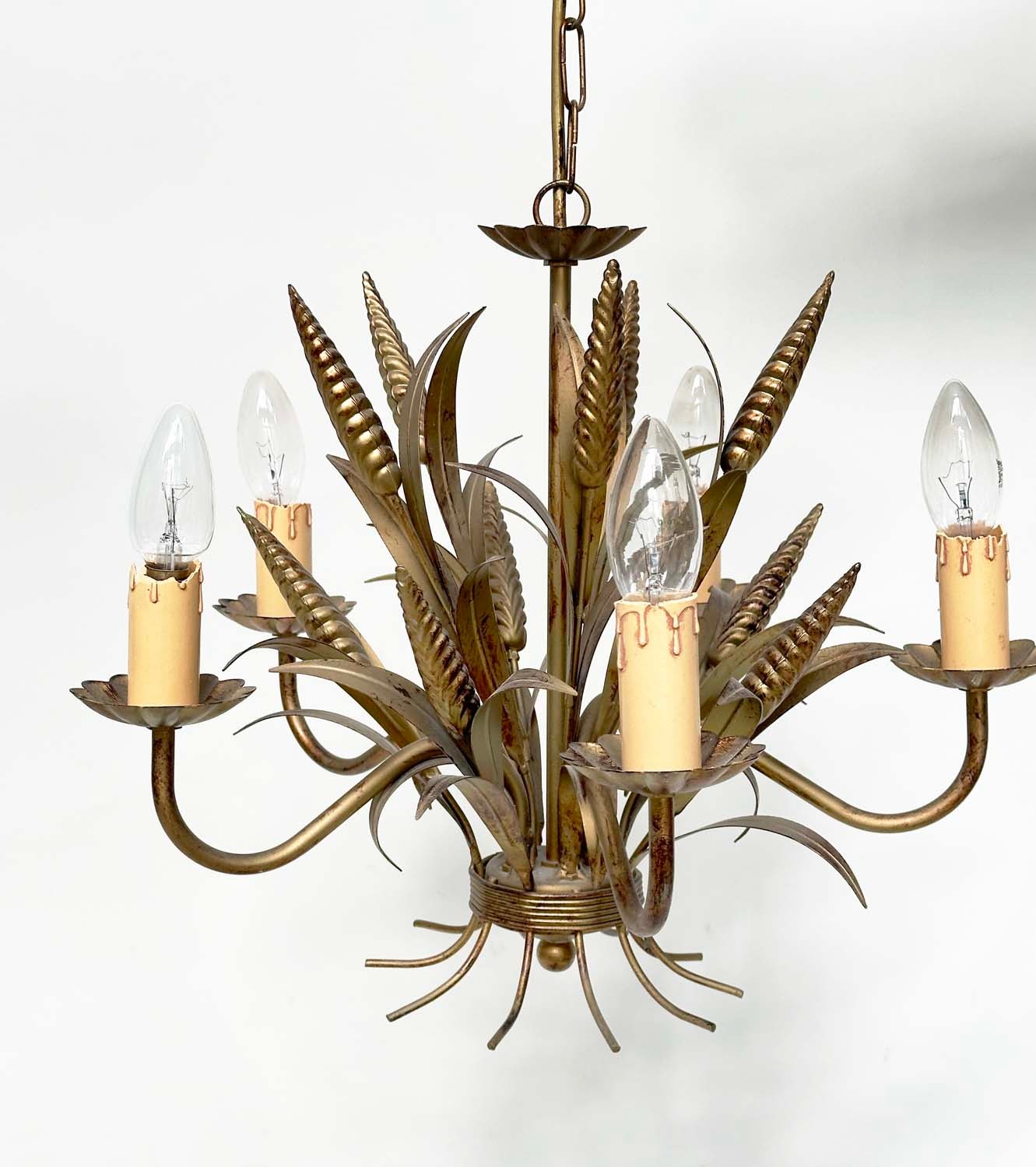 CHANDELIER, mid 20th century five branch gilt metal toleware leaf form with corn ears, 61cm H - Image 2 of 6