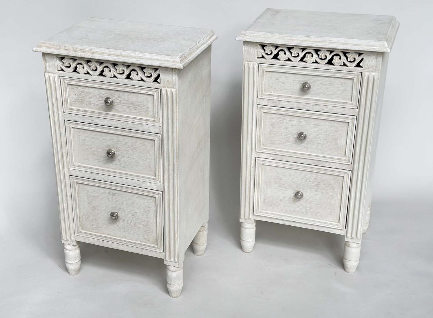 BEDSIDE CHESTS, a pair, French style grey painted each with three drawers and pierced frieze, 40cm x - Image 2 of 7