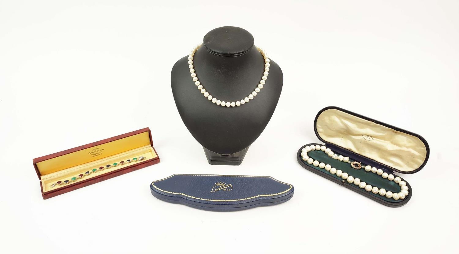 COLLECTION OF JEWELLERY, comprising a single strand cultured pearl necklace, with a 9ct gold lobster