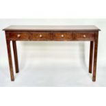 HALL TABLE, George III design burr walnut crossbanded with four frieze drawers and chamfered