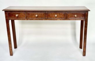 HALL TABLE, George III design burr walnut crossbanded with four frieze drawers and chamfered