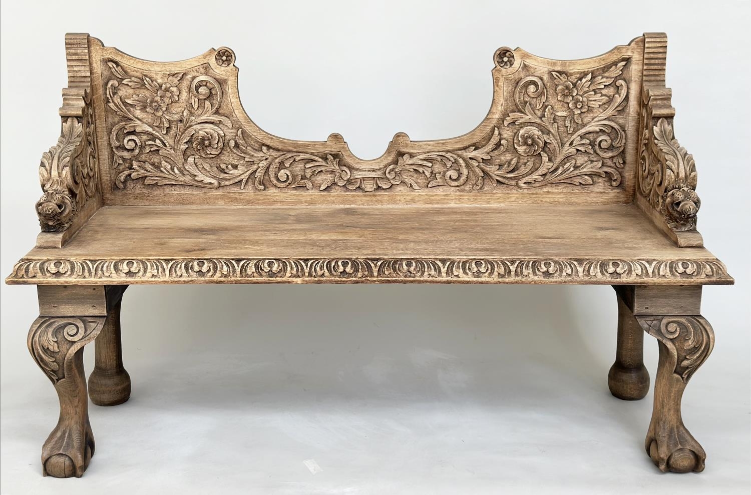 HALL SEAT, 19th century oak with carved back and arms and cabriole supports, 85cm H x 143cm W x 49cm - Image 3 of 9