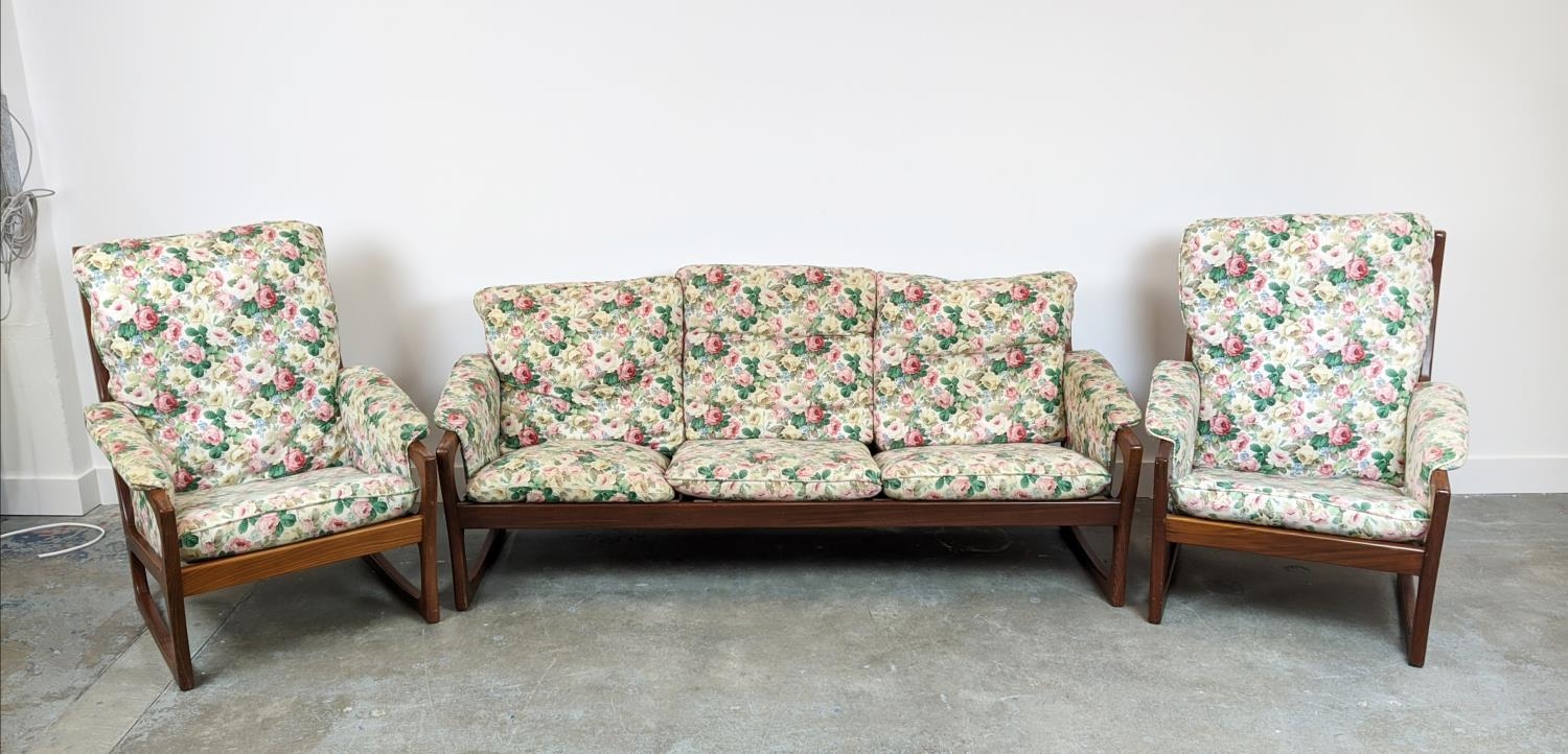 SOFA, circa 1970, Danish teak with floral cushions, 75cm H x 185cm x 76cm and a pair of matching - Image 3 of 10
