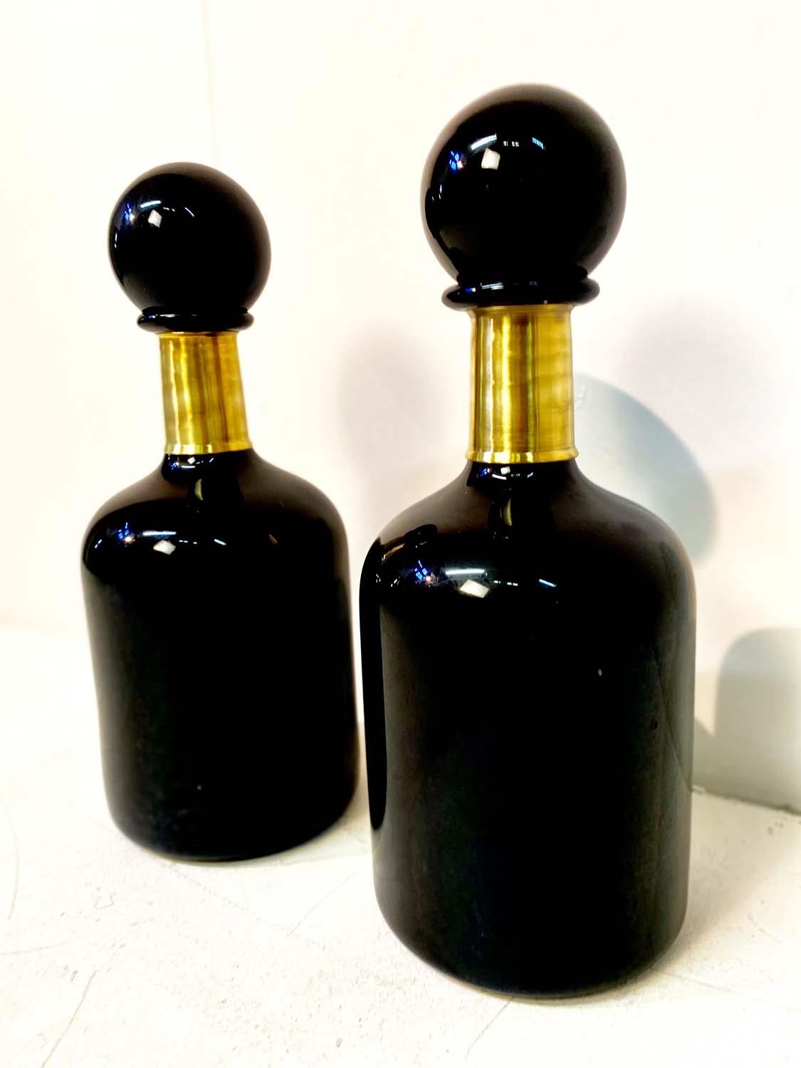 DECANTERS, a pair, Murano style black glass and gilt metal, 43cm H x 18cm W. (2) - Image 3 of 3