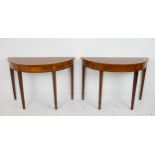 DEMI LUNE TABLES, a pair, George III design mahogany and satinwood inlaid, 77cm H x 112cm x 47cm. (