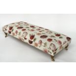 HEARTHSTOOL, rectangular printed linen upholstered with turned supports, 154cm x 70cm x 42cm H.