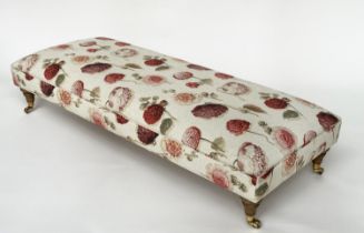 HEARTHSTOOL, rectangular printed linen upholstered with turned supports, 154cm x 70cm x 42cm H.