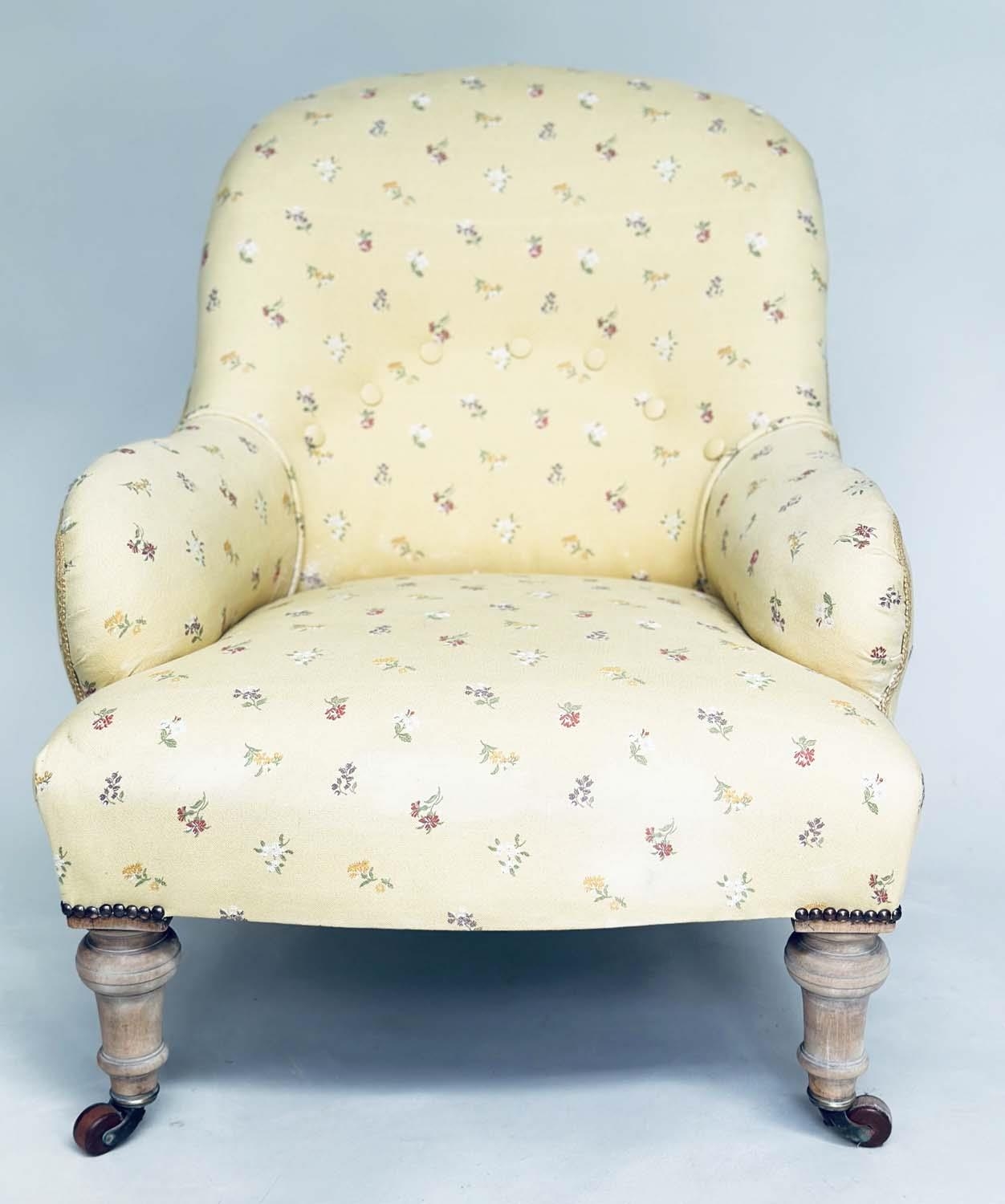 ARMCHAIR, 19th century primrose yellow and floral sprays with buttoned back and turned supports, - Image 6 of 9