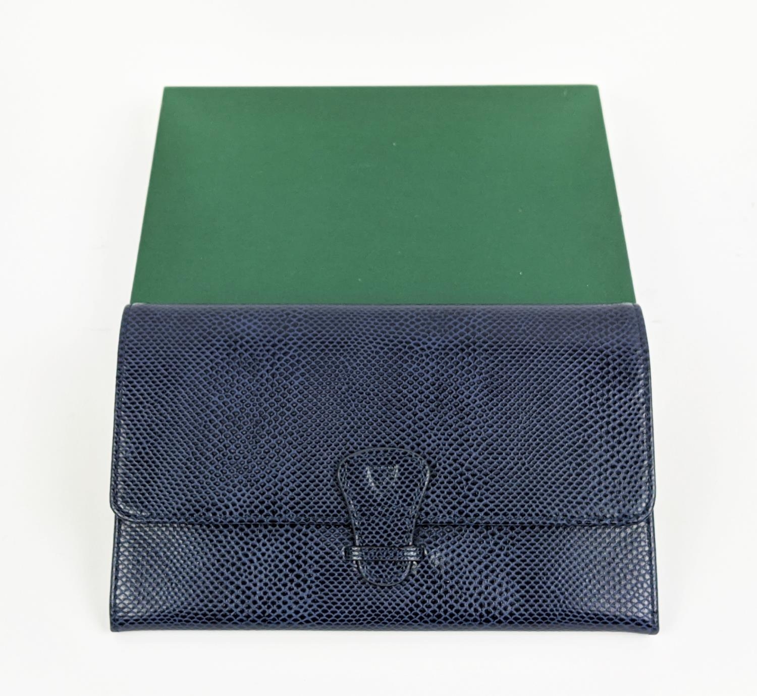 ASPINAL OF LONDON TRAVELLING WALLET, navy blue leather with contrasting suede and fabric lining,