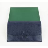 ASPINAL OF LONDON TRAVELLING WALLET, navy blue leather with contrasting suede and fabric lining,