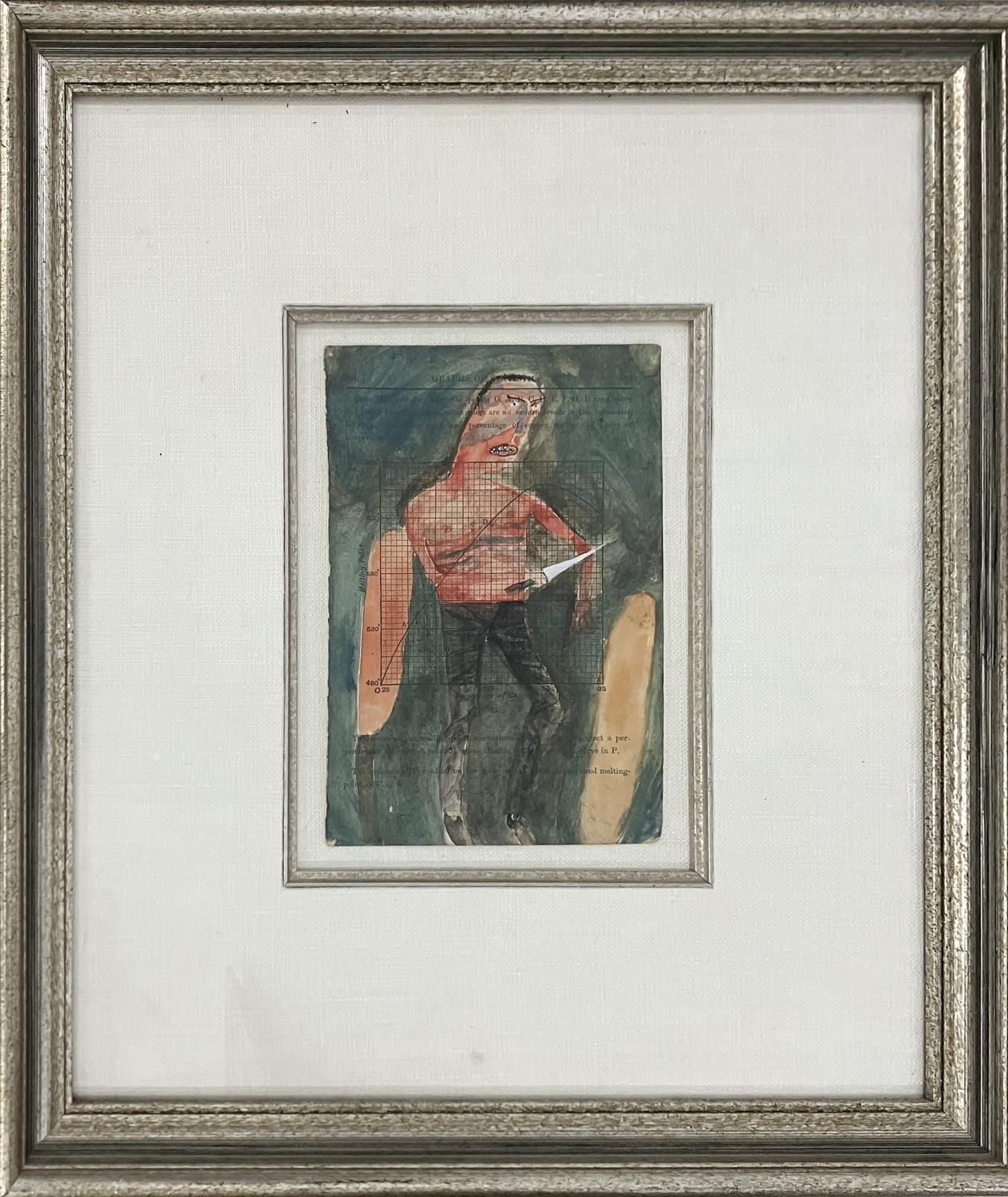 JULIAN DYSON (1936-2003), 'Figure with knife', watercolour on printed page, 18cm x 12cm, framed.