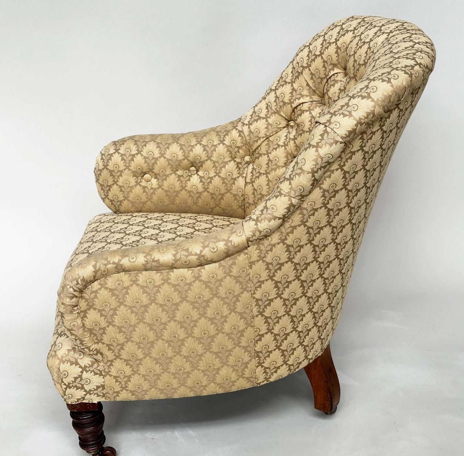 SLIPPER ARMCHAIR, 19th century walnut with two tone maple leaf print upholstery, 85cm H. - Image 10 of 10
