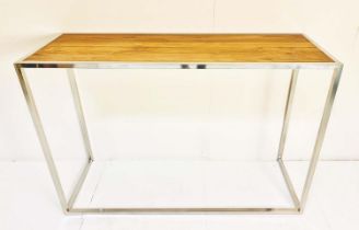 CONSOLE TABLE, polished metal, natural wood top, 70cm x 101cm x 30cm.
