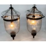 BELL JAR HALL LANTERNS, a pair, glass reeded tapering and bronze style mounted, 58cm H x 34cm. (2)