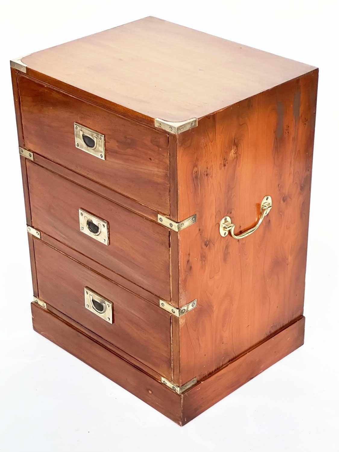 CAMPAIGN STYLE CHESTS, a pair, yewwood and brass bound each with three drawers, 46cm x 38cm x 63cm - Image 8 of 9