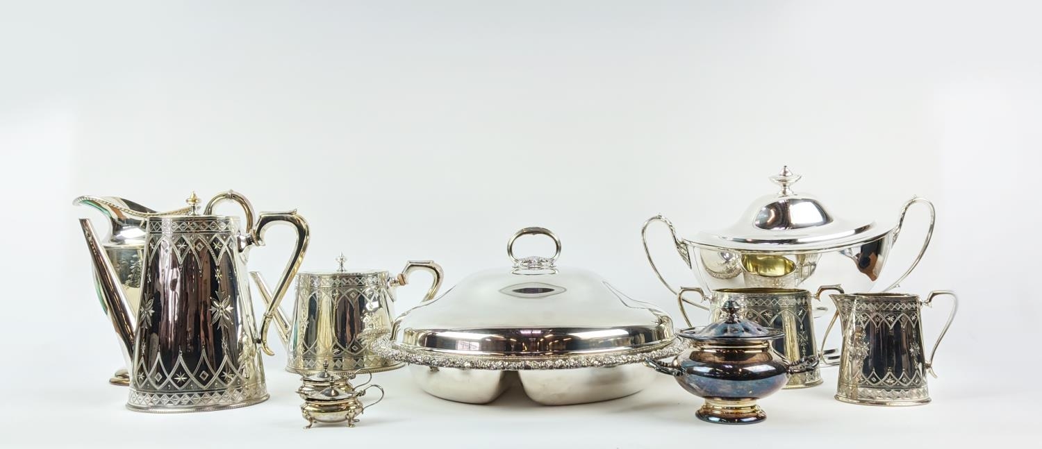 A COLLECTION OF SILVER PLATE, including Victorian tea and coffee service, entree dish, trays, twin - Image 6 of 39