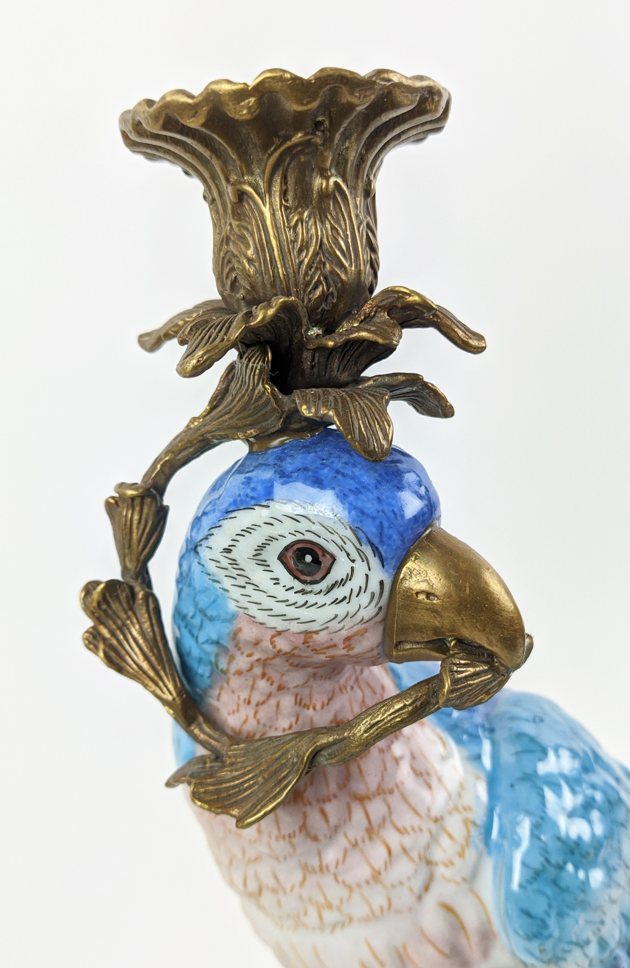 CANDLESTICKS, a pair, parrot design, ceramic and gilt metal, 51cm H. (2) - Image 5 of 6
