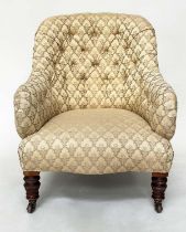 SLIPPER ARMCHAIR, 19th century walnut with two tone maple leaf print upholstery, 85cm H.