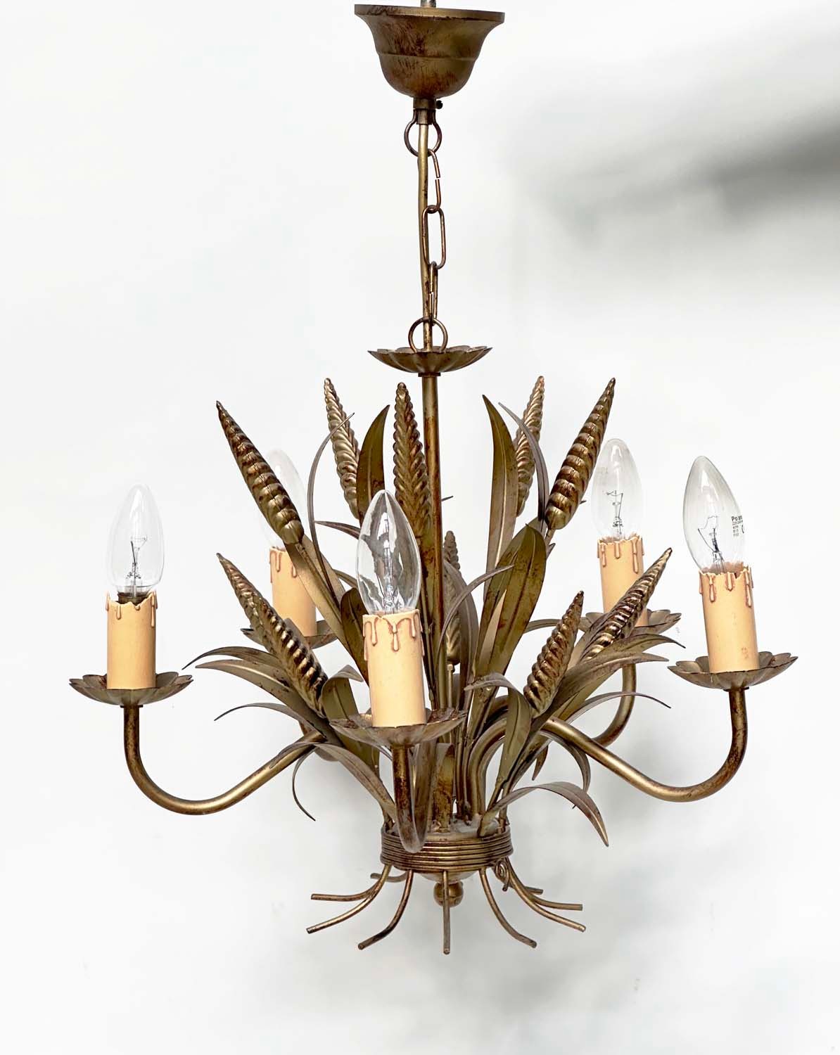 CHANDELIER, mid 20th century five branch gilt metal toleware leaf form with corn ears, 61cm H
