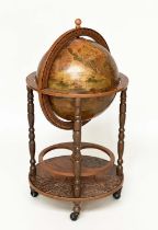 GLOBE COCKTAIL CABINET, in the form of an antique terrestrial globe on stand with rising lid, 90cm