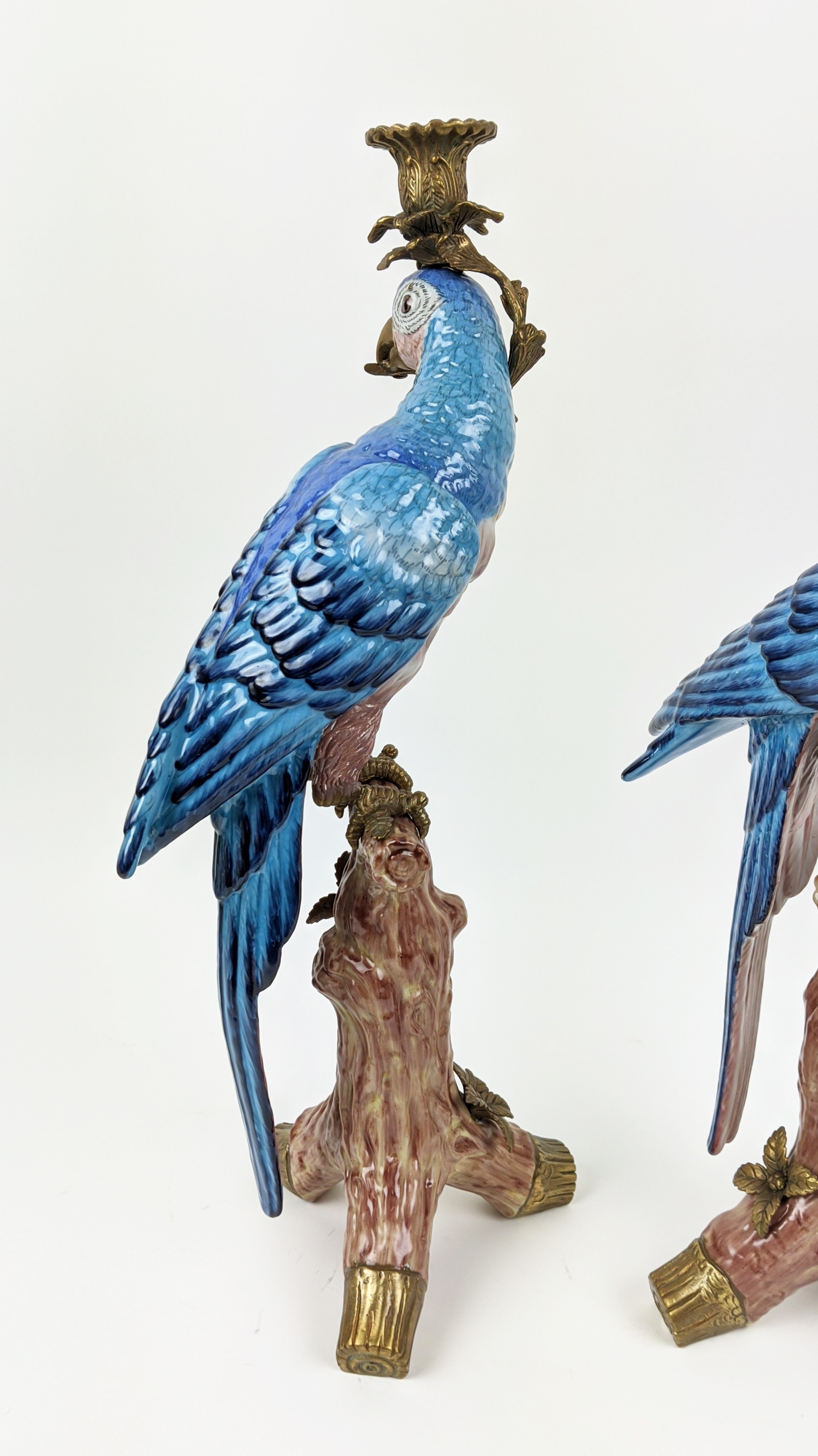 CANDLESTICKS, a pair, parrot design, ceramic and gilt metal, 51cm H. (2) - Image 6 of 6