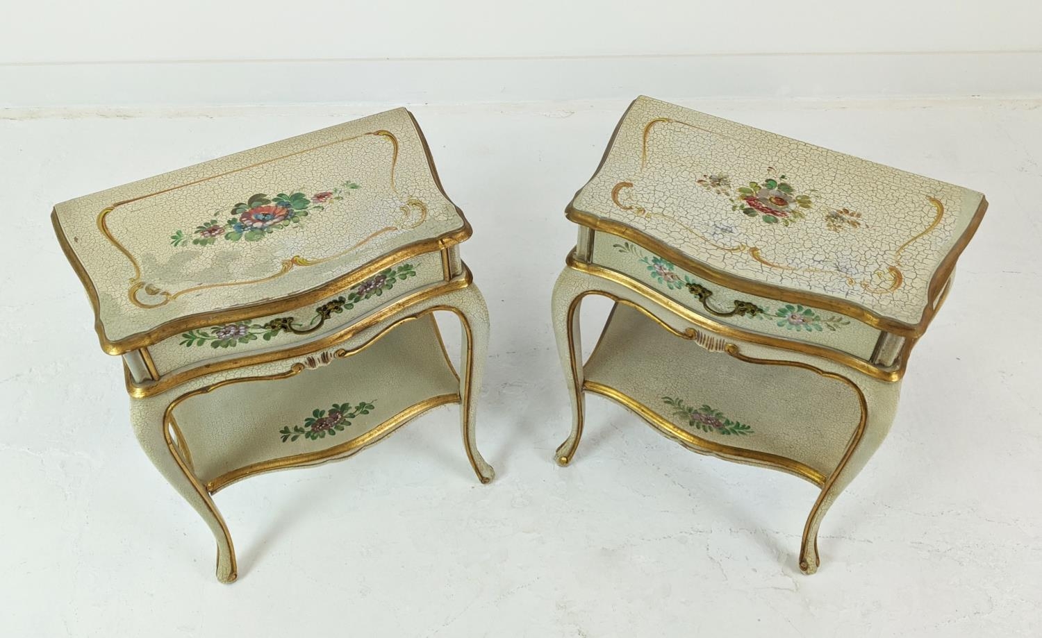 SERPENTINE BEDSIDE TABLES, Italianate craquelure, floral painted and gilt heightened, each with - Image 3 of 7