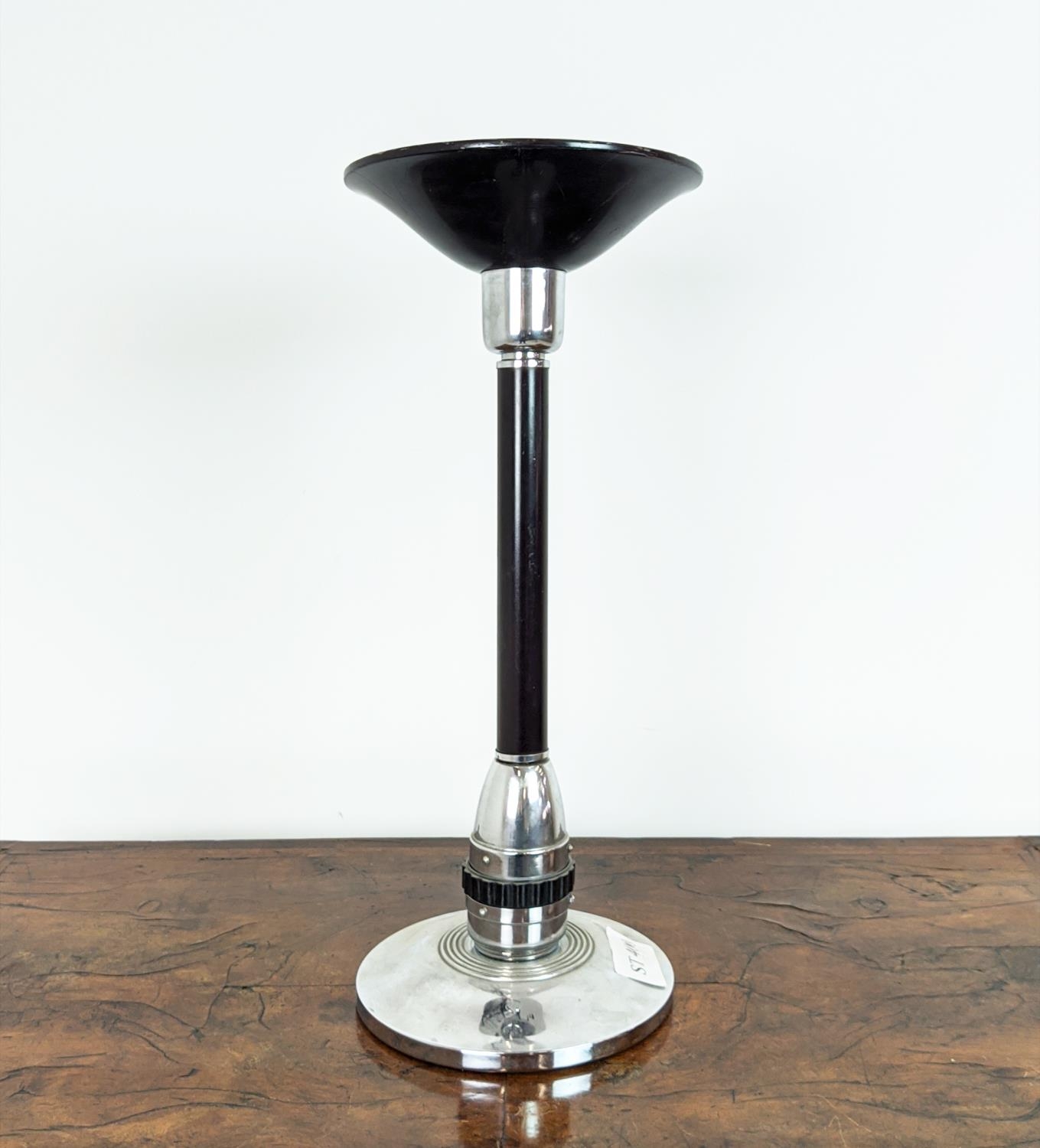 TABLE UPLIGHTER, Art Deco polished metal with a black pole, 59cm H x 25cm.