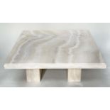 TRAVERTINE LOW TABLE, 1970's Italian travertine marble square with plinth support, 100cm x 100cm x