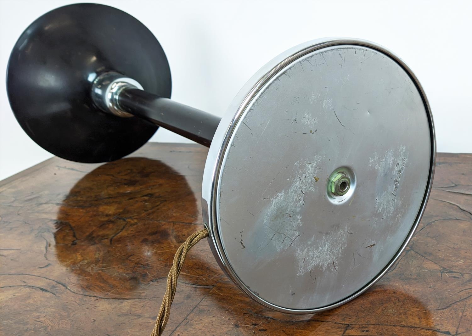 TABLE UPLIGHTER, Art Deco polished metal with a black pole, 59cm H x 25cm. - Image 6 of 7