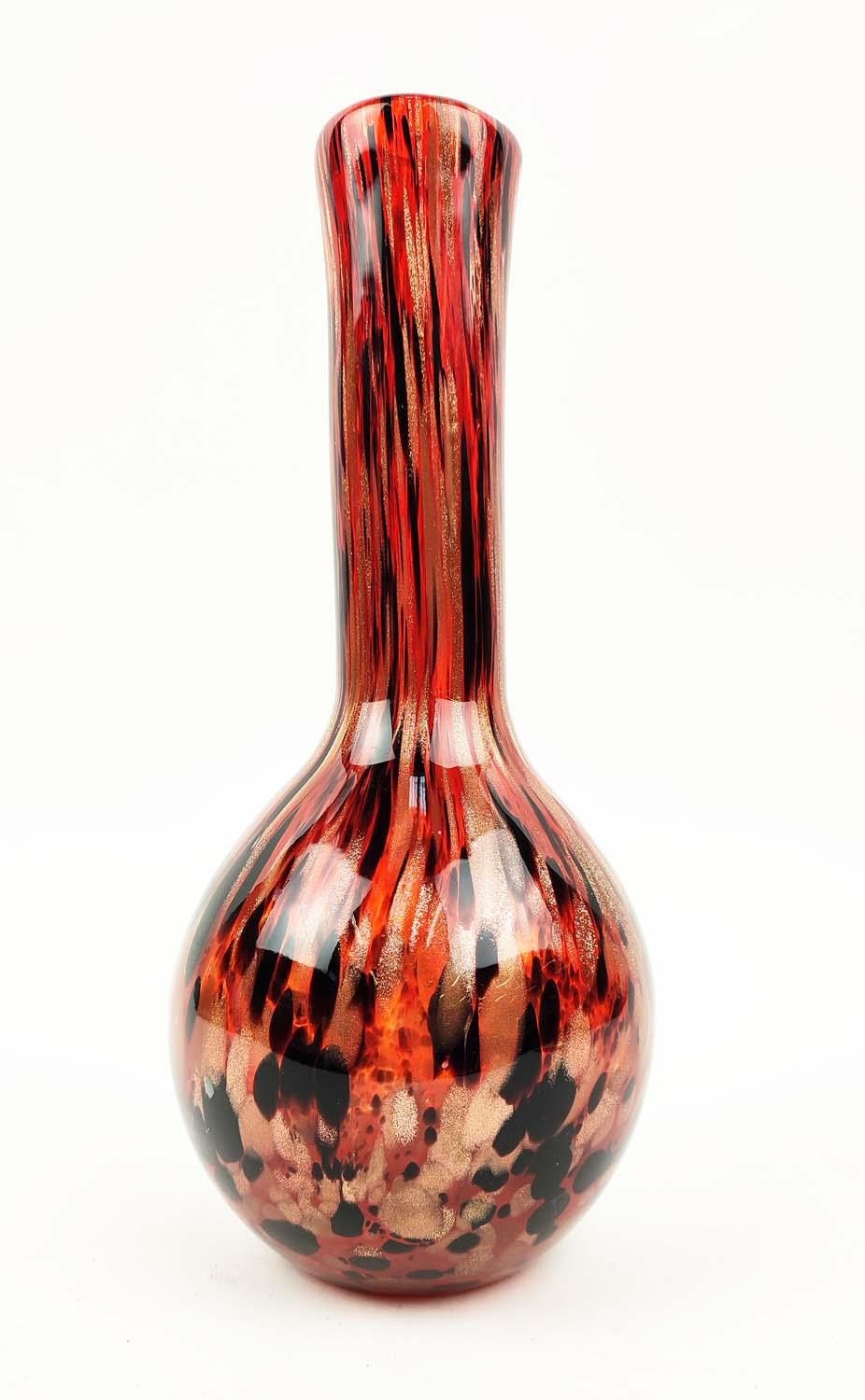 A MURANO STYLE GLASS VASE, of bottle form, red ground with black and gold coloured streaks, 31cm - Image 4 of 6