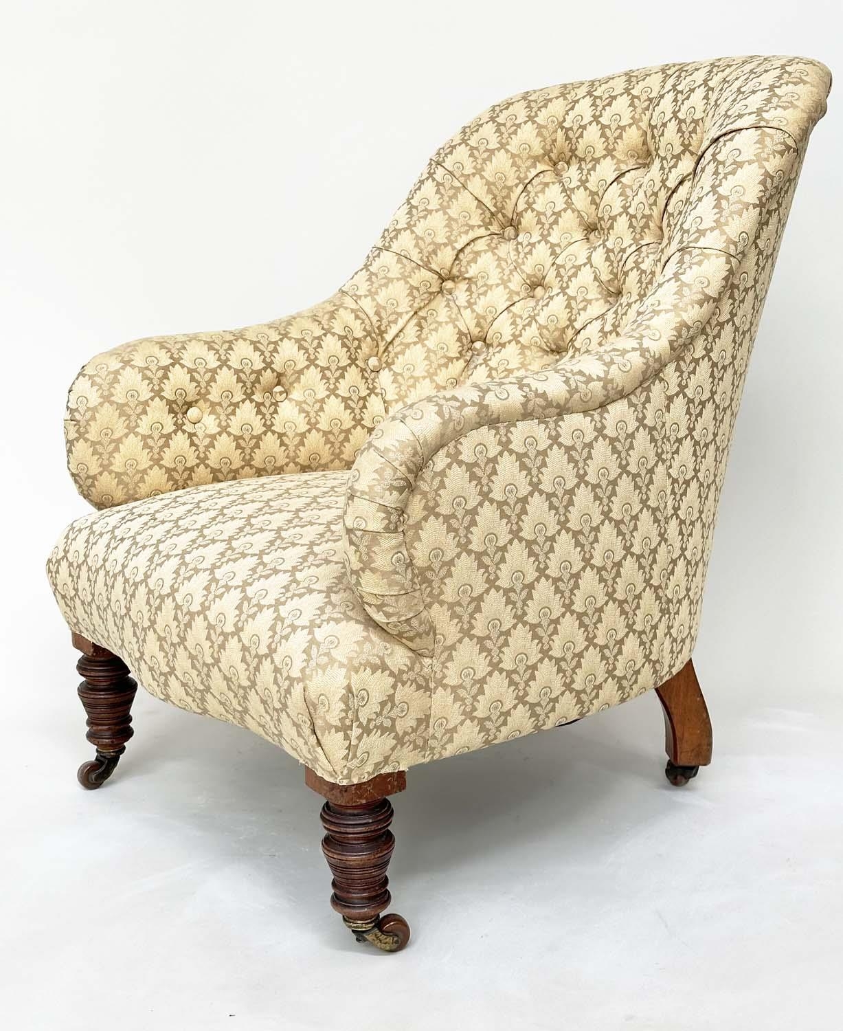 SLIPPER ARMCHAIR, 19th century walnut with two tone maple leaf print upholstery, 85cm H. - Image 7 of 10