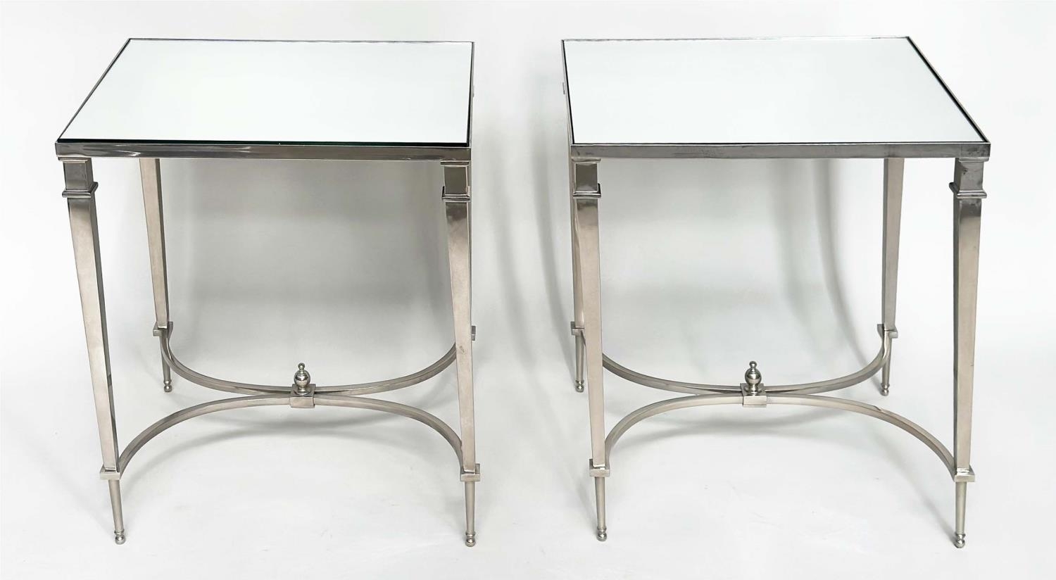 LAMP TABLES, a pair, Regency style rectangular mirror topped with tapering chromium stretchered