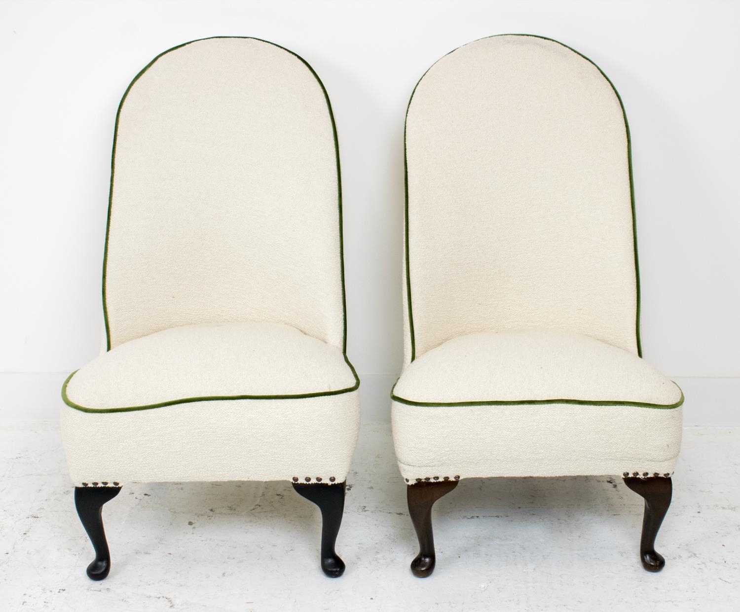 SLIPPER CHAIRS, a pair, boucle wool with green velvet piping, 89cm H x 53cm x 65cm. (2) - Image 2 of 4