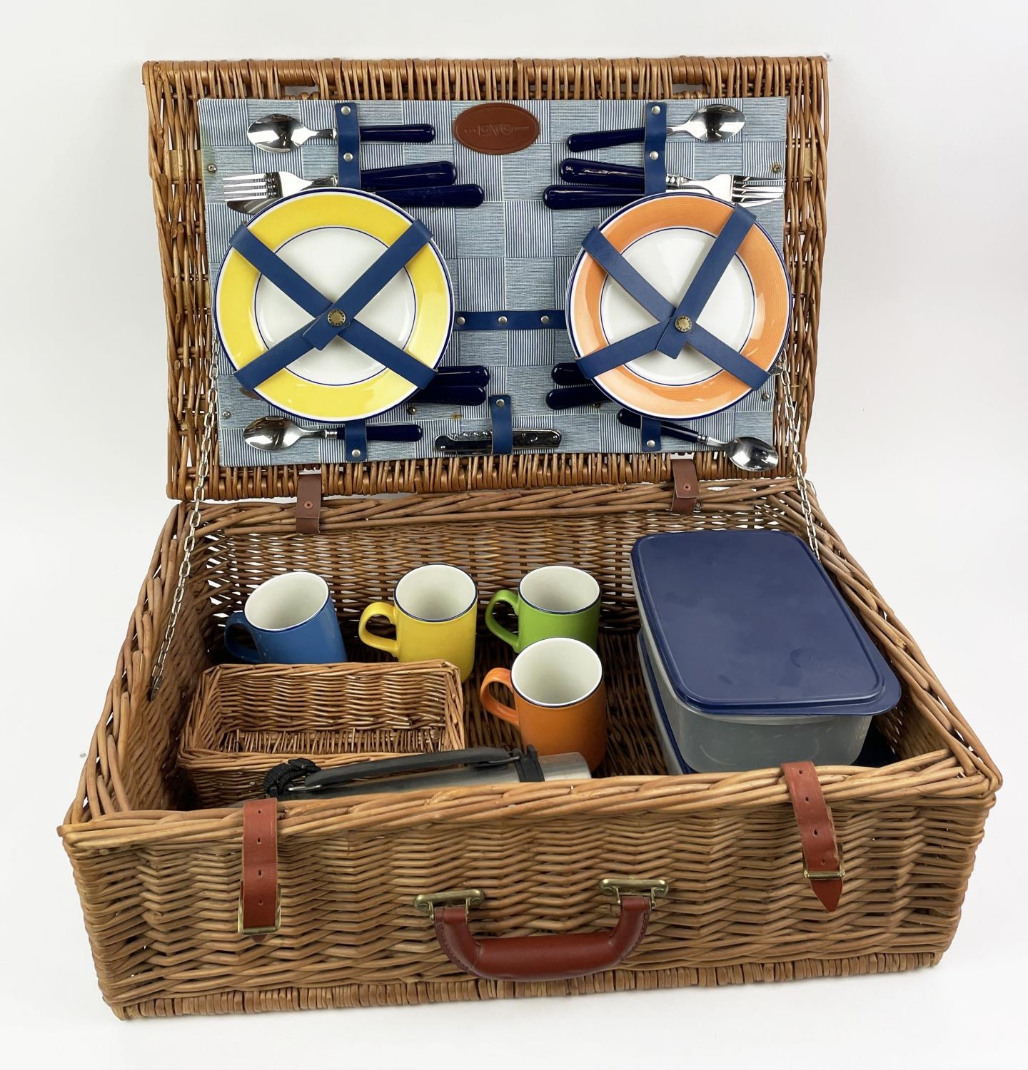 G.T.C. PICNIC BASKET, four place setting, including plates, cutlery, mugs, flask and tuperware in - Image 5 of 8
